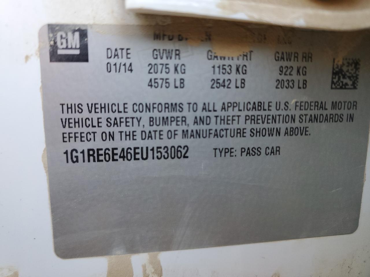 2014 Chevrolet Volt VIN: 1G1RE6E46EU153062 Lot: 82158055