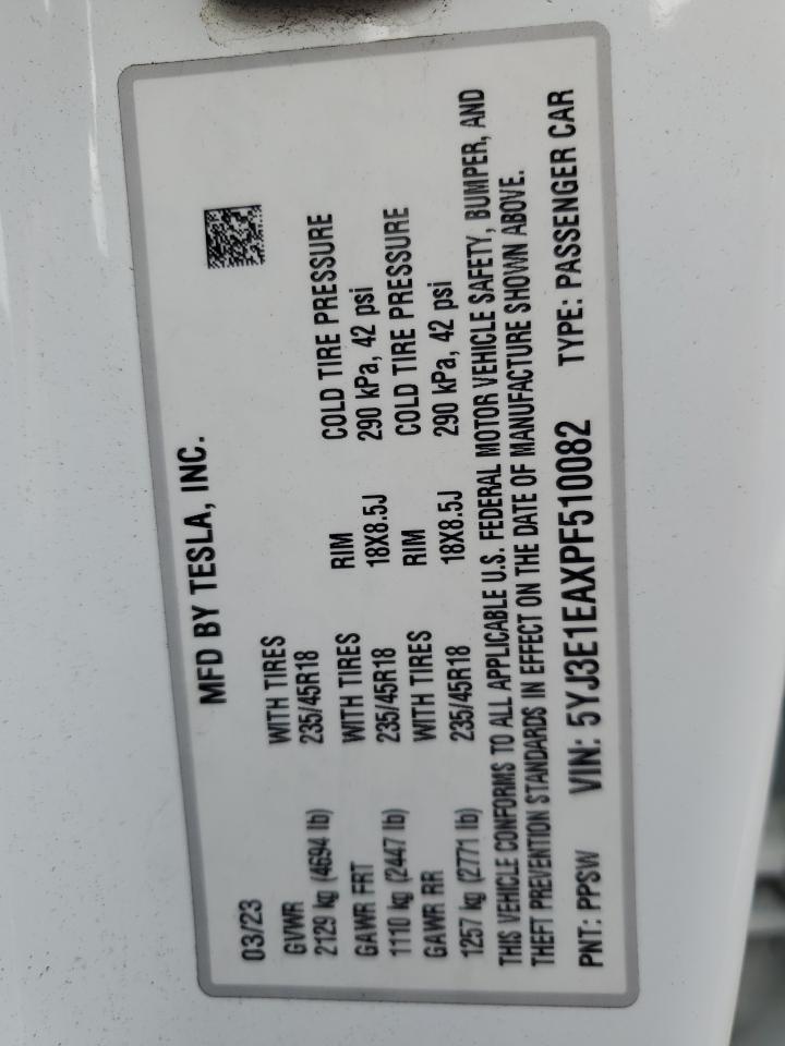 2023 Tesla Model 3 VIN: 5YJ3E1EAXPF510082 Lot: 80477145