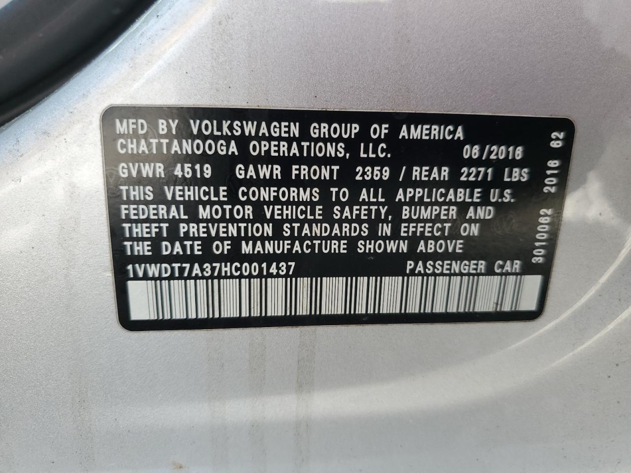 2017 Volkswagen Passat R-Line VIN: 1VWDT7A37HC001437 Lot: 80703885