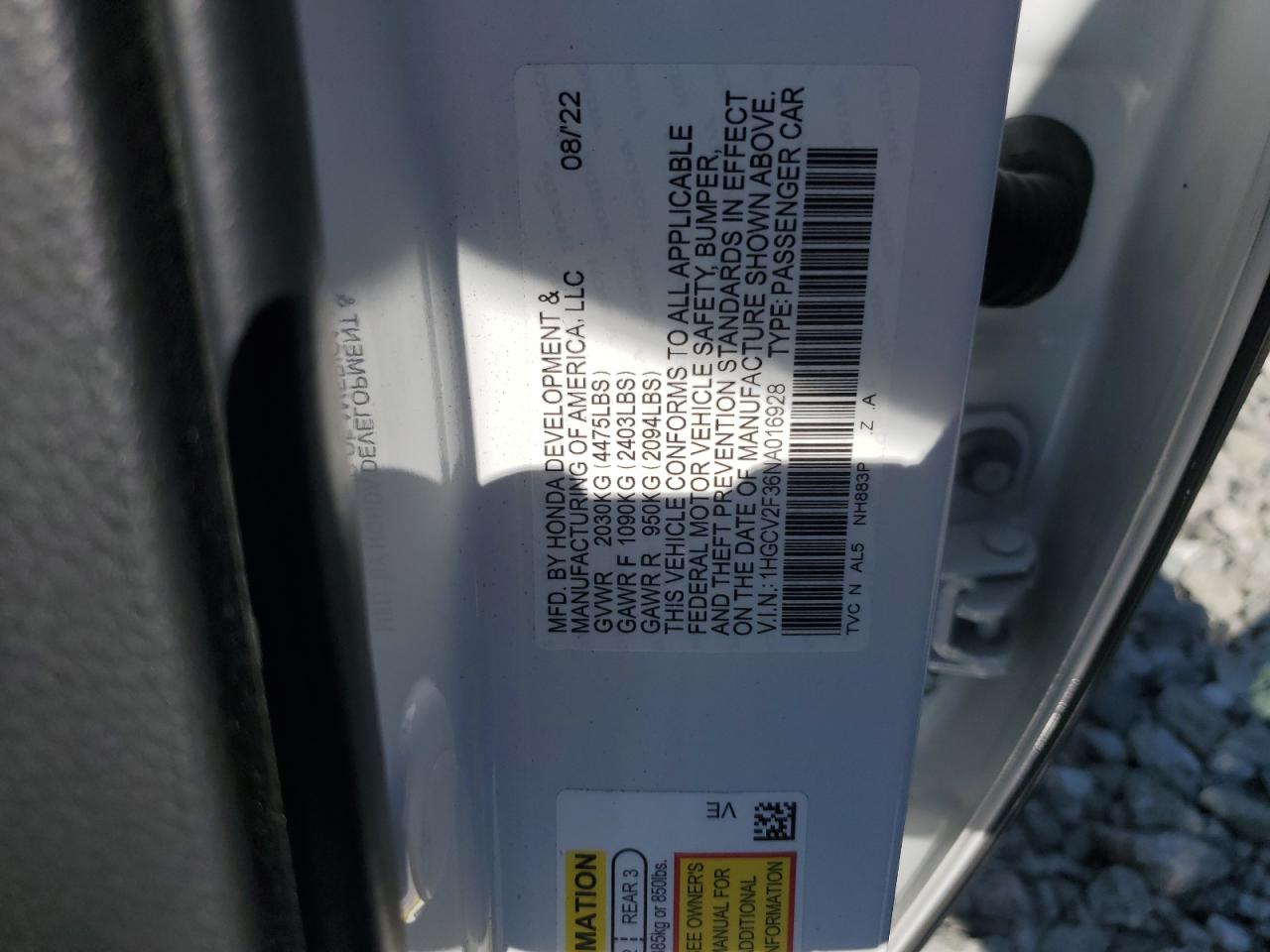 2022 Honda Accord Sport VIN: 1HGCV2F36NA016928 Lot: 70915895