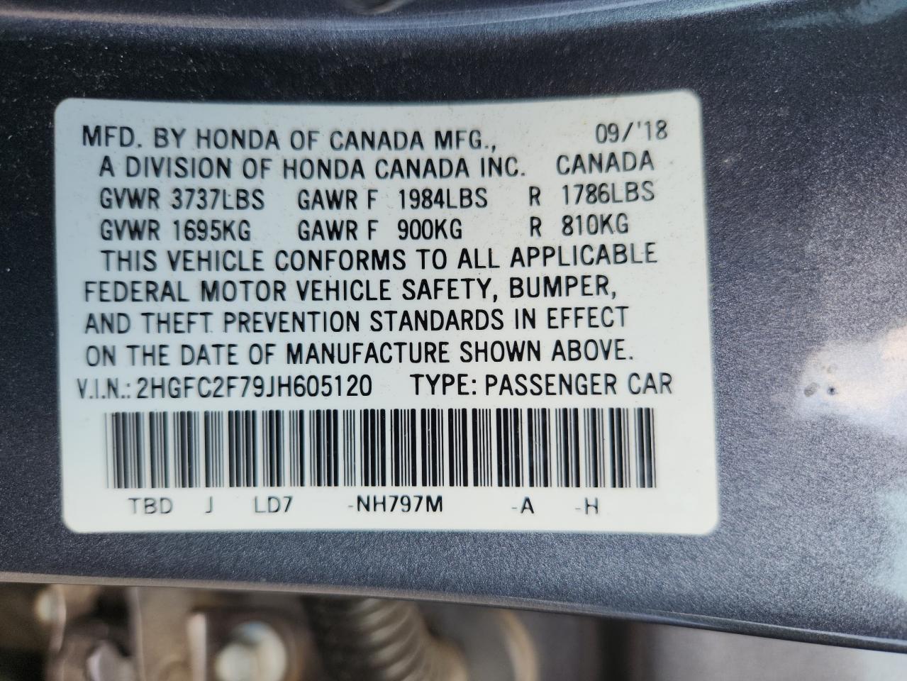 2018 Honda Civic Ex VIN: 2HGFC2F79JH605120 Lot: 72053995