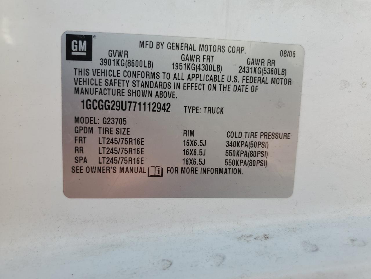 2007 Chevrolet Express G2500 VIN: 1GCGG29U771112942 Lot: 81920385