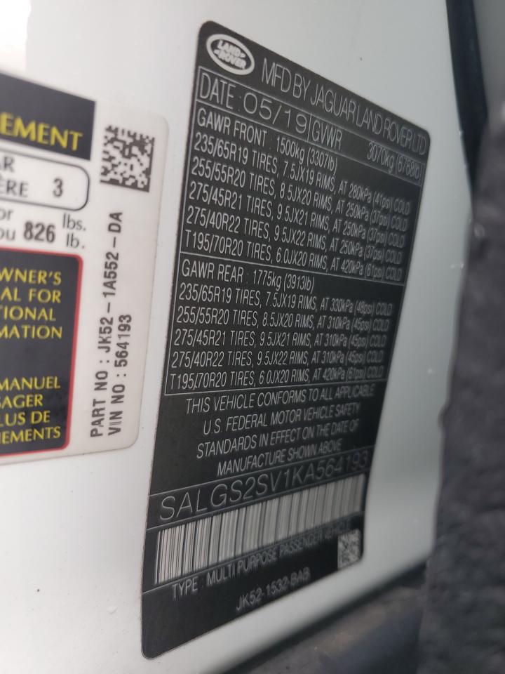 2019 Land Rover Range Rover Hse VIN: SALGS2SV1KA564193 Lot: 81636395