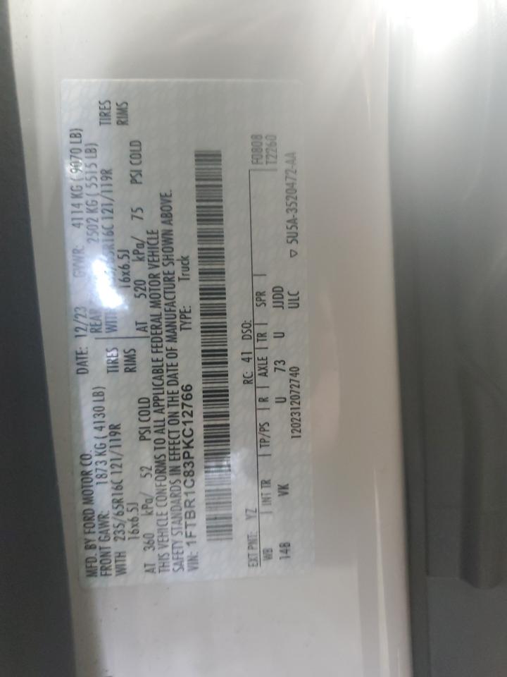 2023 Ford Transit T-250 VIN: 1FTBR1C83PKC12766 Lot: 70754585