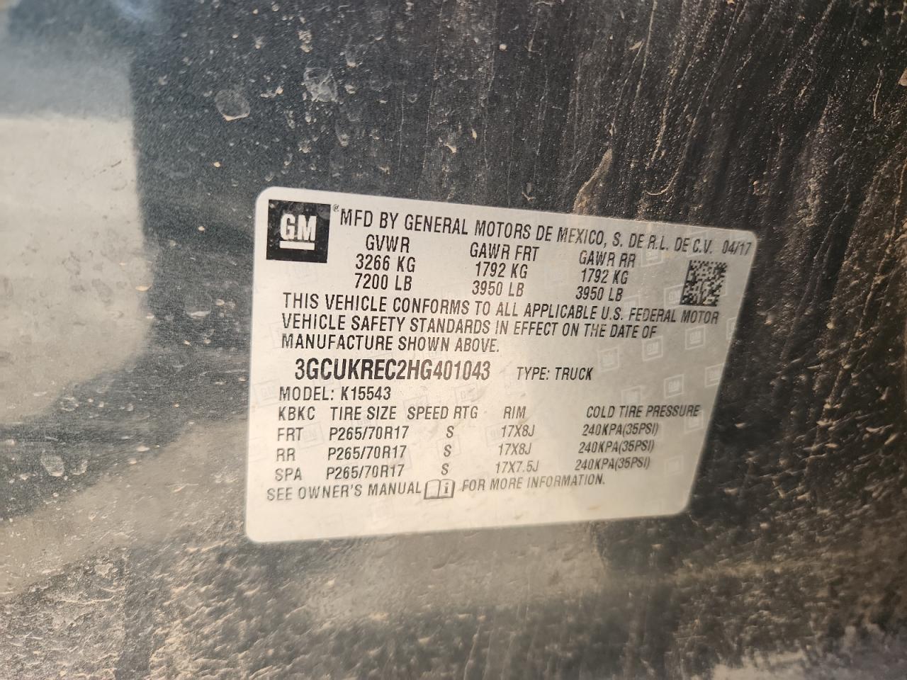 2017 Chevrolet Silverado K1500 Lt VIN: 3GCUKREC2HG401043 Lot: 81812125