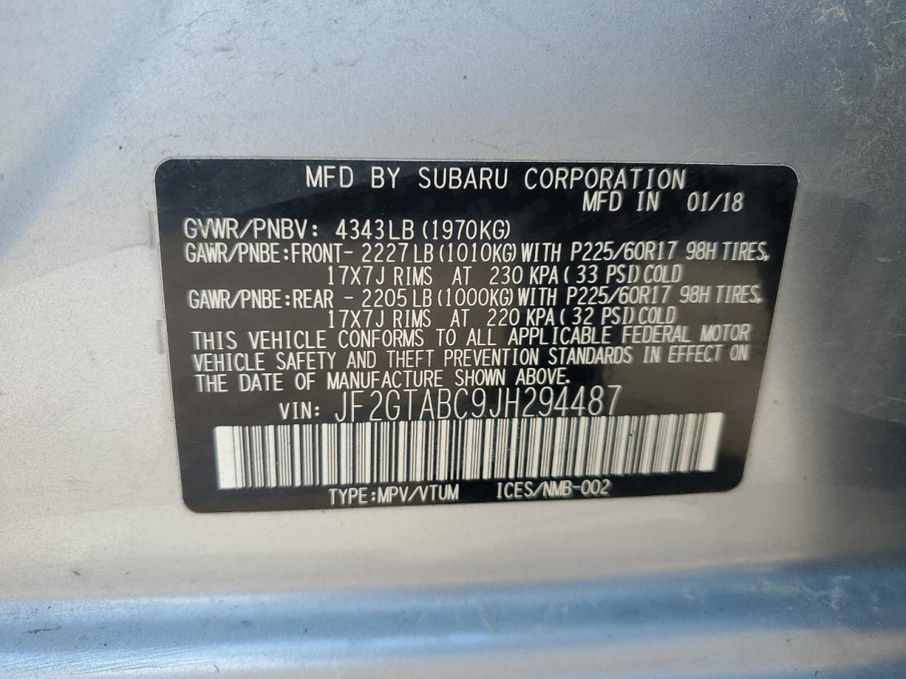 2018 Subaru Crosstrek Premium VIN: JF2GTABC9JH294487 Lot: 84558925