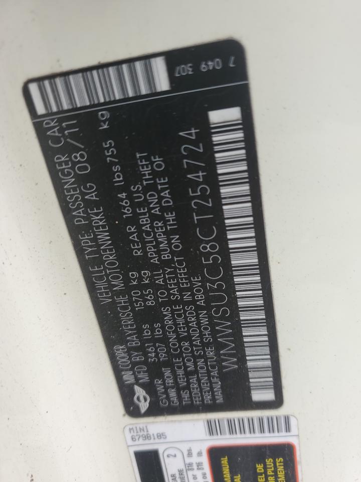 2012 Mini Cooper VIN: WMWSU3C58CT254724 Lot: 80400235