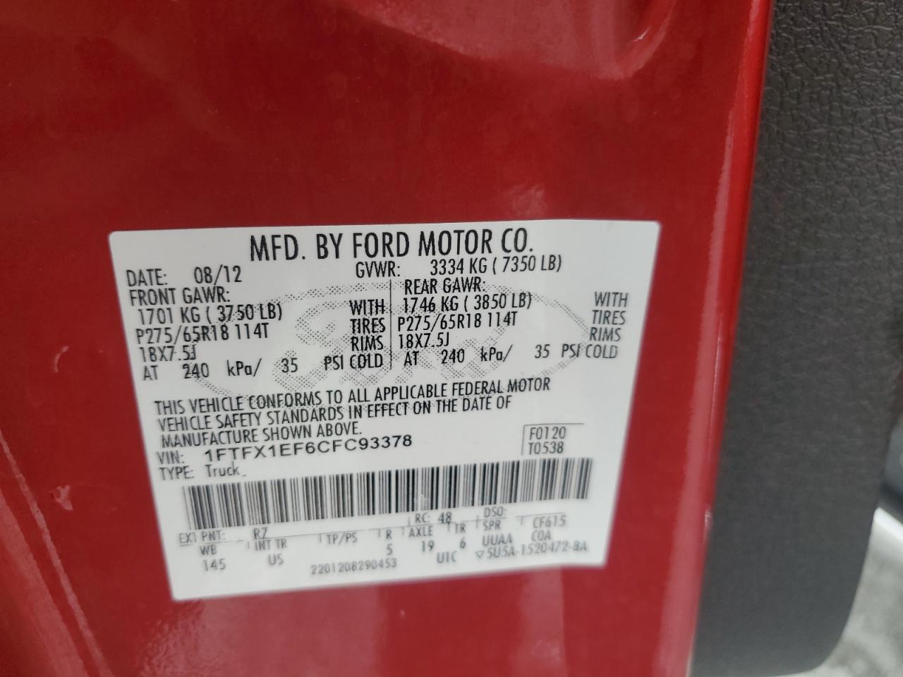 2012 Ford F150 Super Cab VIN: 1FTFX1EF6CFC93378 Lot: 70777775