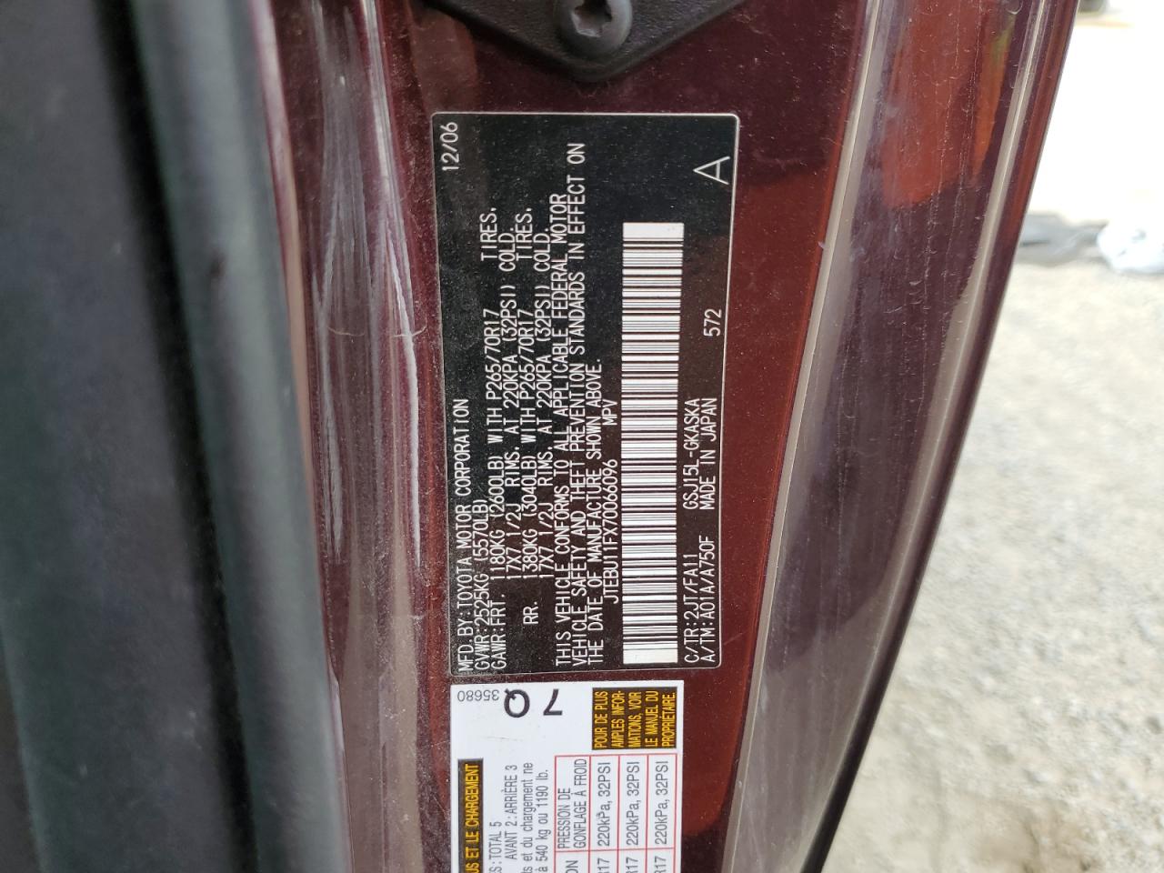 2007 Toyota Fj Cruiser VIN: JTEBU11FX70066096 Lot: 80149635