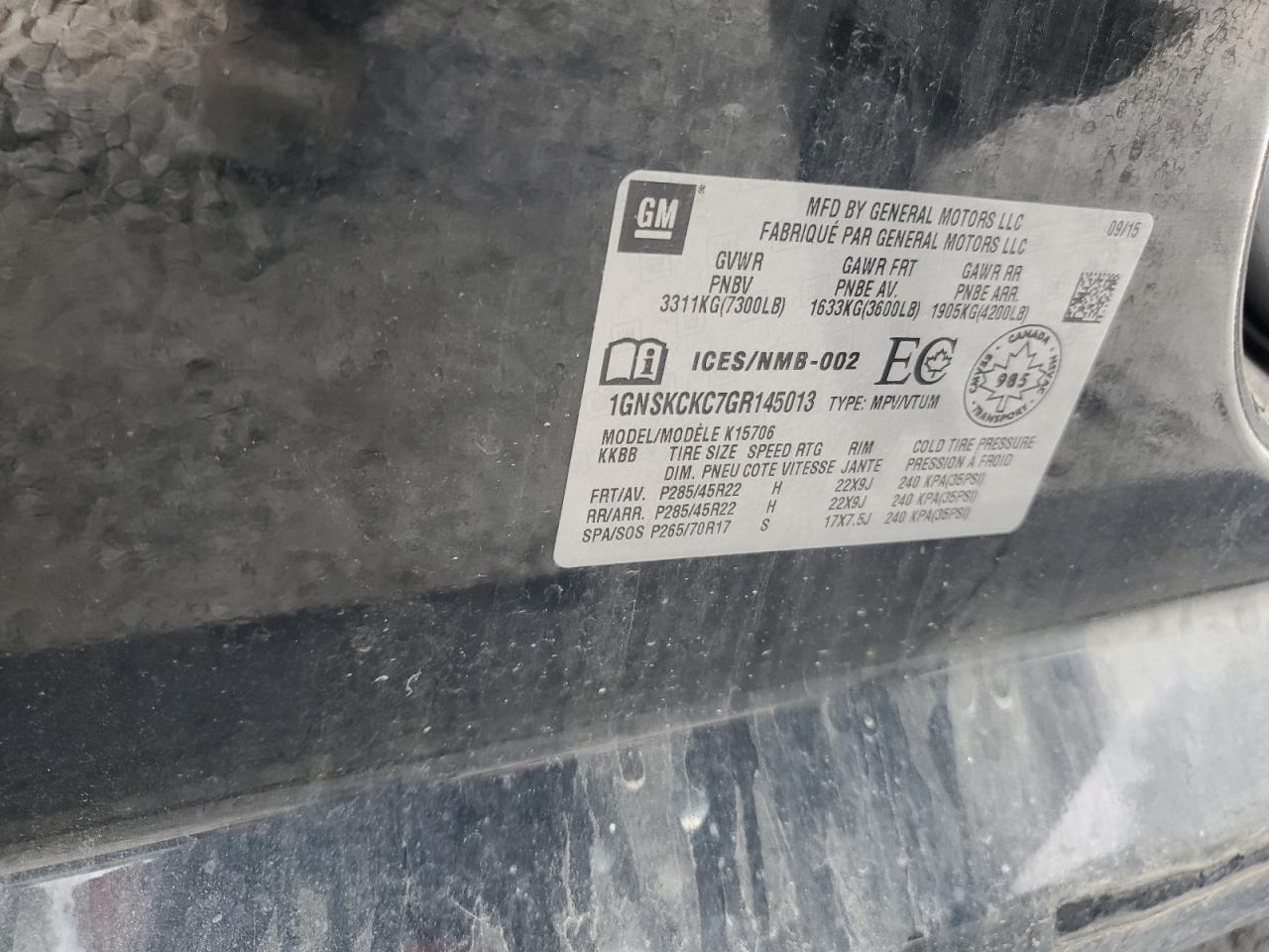 2016 Chevrolet Tahoe K1500 Ltz VIN: 1GNSKCKC7GR145013 Lot: 81254755