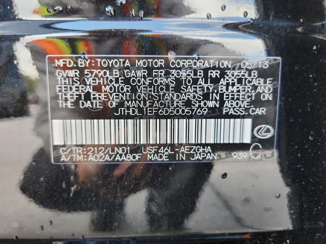 2013 Lexus Ls 460L VIN: JTHDL1EF6D5005769 Lot: 80915295