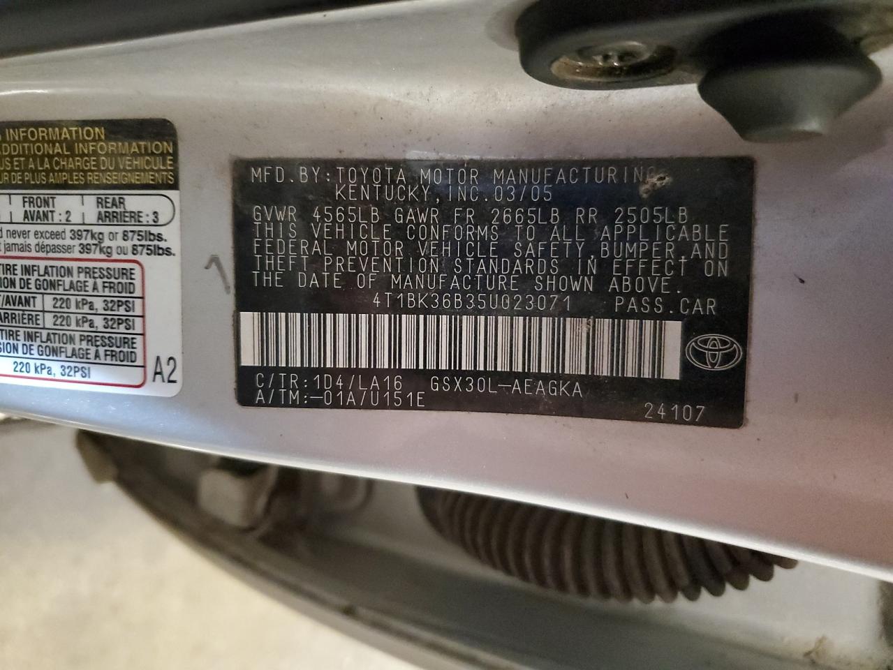 2005 Toyota Avalon Xl VIN: 4T1BK36B35U023071 Lot: 80098185