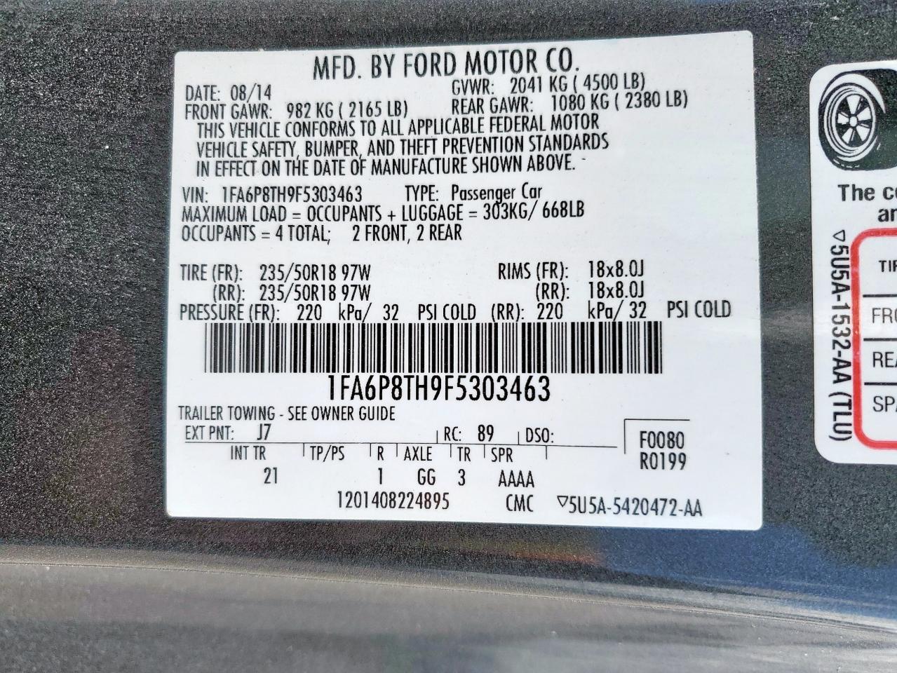 2015 Ford Mustang VIN: 1FA6P8TH9F5303463 Lot: 80460035