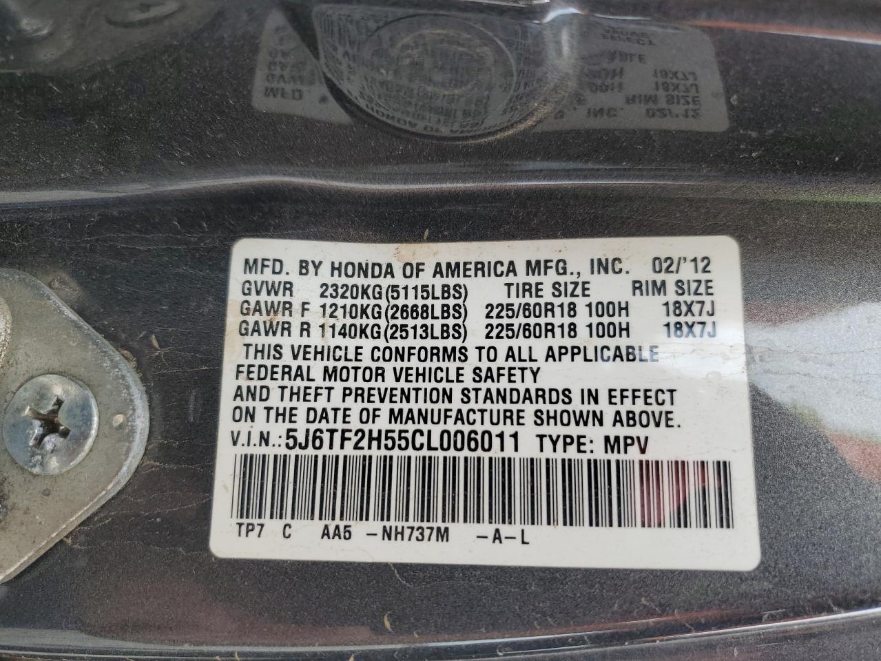 2012 Honda Crosstour Exl VIN: 5J6TF2H55CL006011 Lot: 83867745