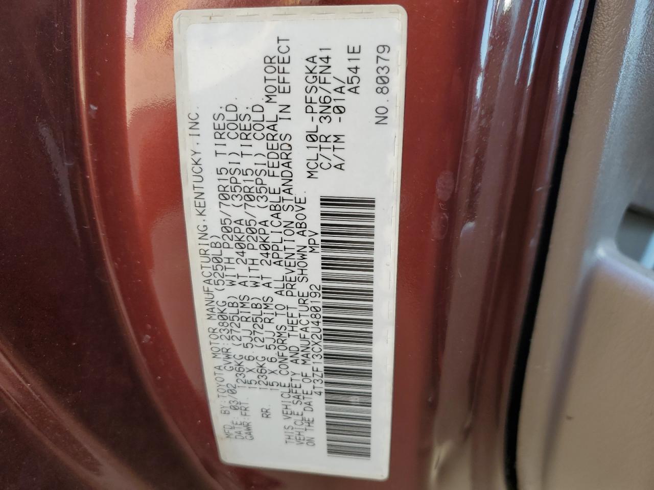 2002 Toyota Sienna Le VIN: 4T3ZF13CX2U480192 Lot: 83790765