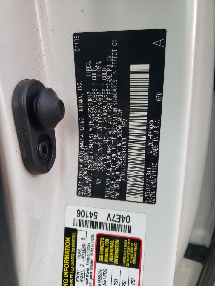 2008 Toyota Sienna Xle VIN: 5TDZK22C38S161200 Lot: 80016865