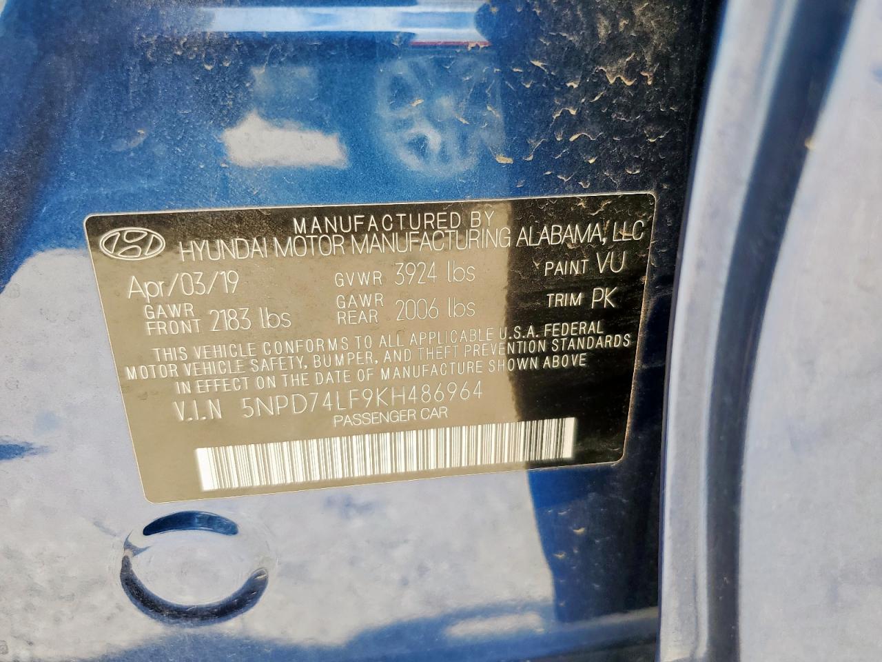 2019 Hyundai Elantra Se VIN: 5NPD74LF9KH486964 Lot: 71437005