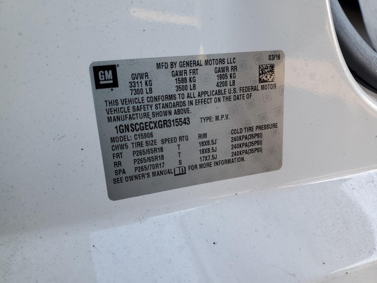 2016 Chevrolet Suburban C1500 Ls VIN: 1GNSCGECXGR315543 Lot: 71326065