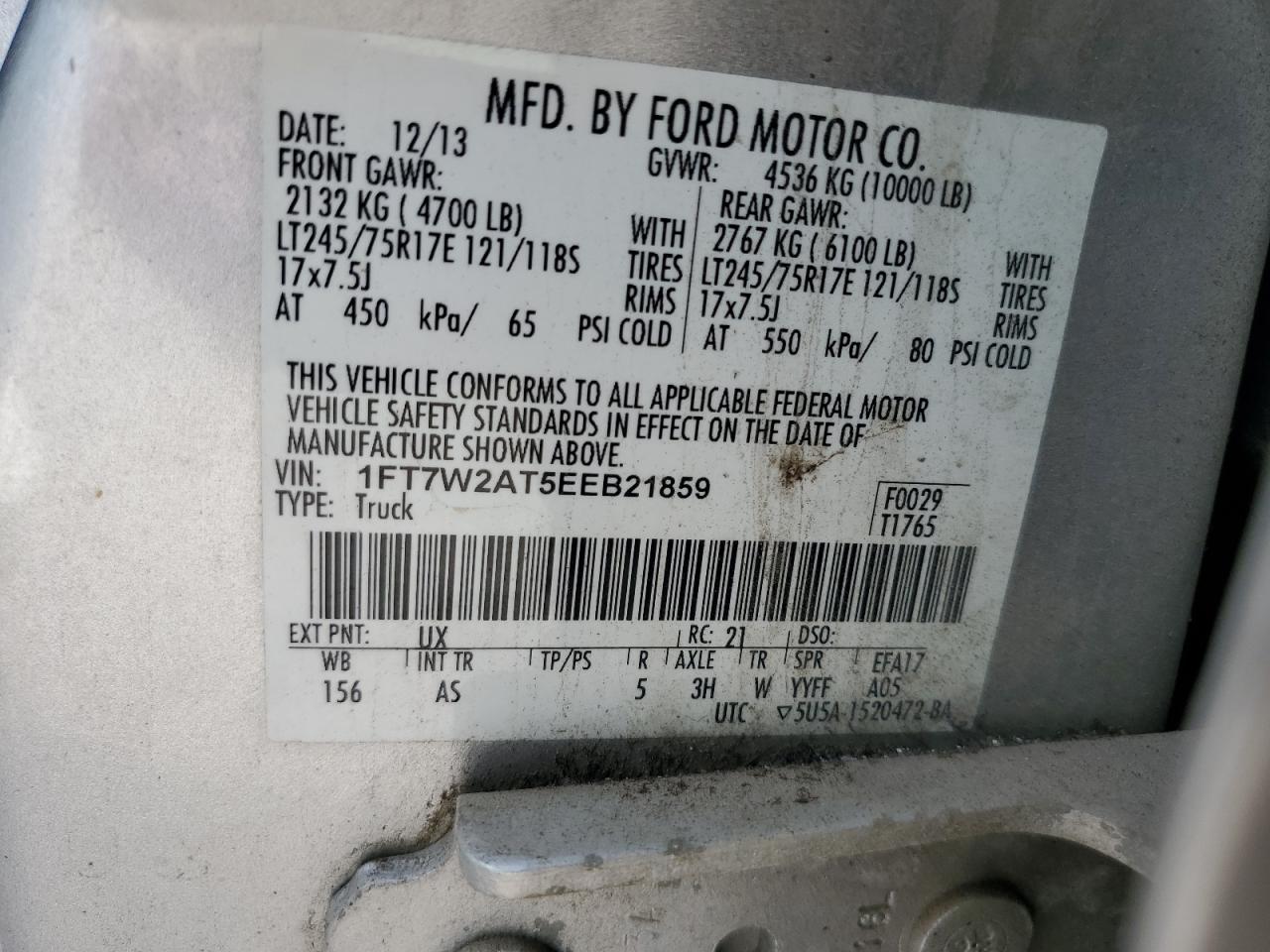 2014 Ford F250 Super Duty VIN: 1FT7W2AT5EEB21859 Lot: 70903005