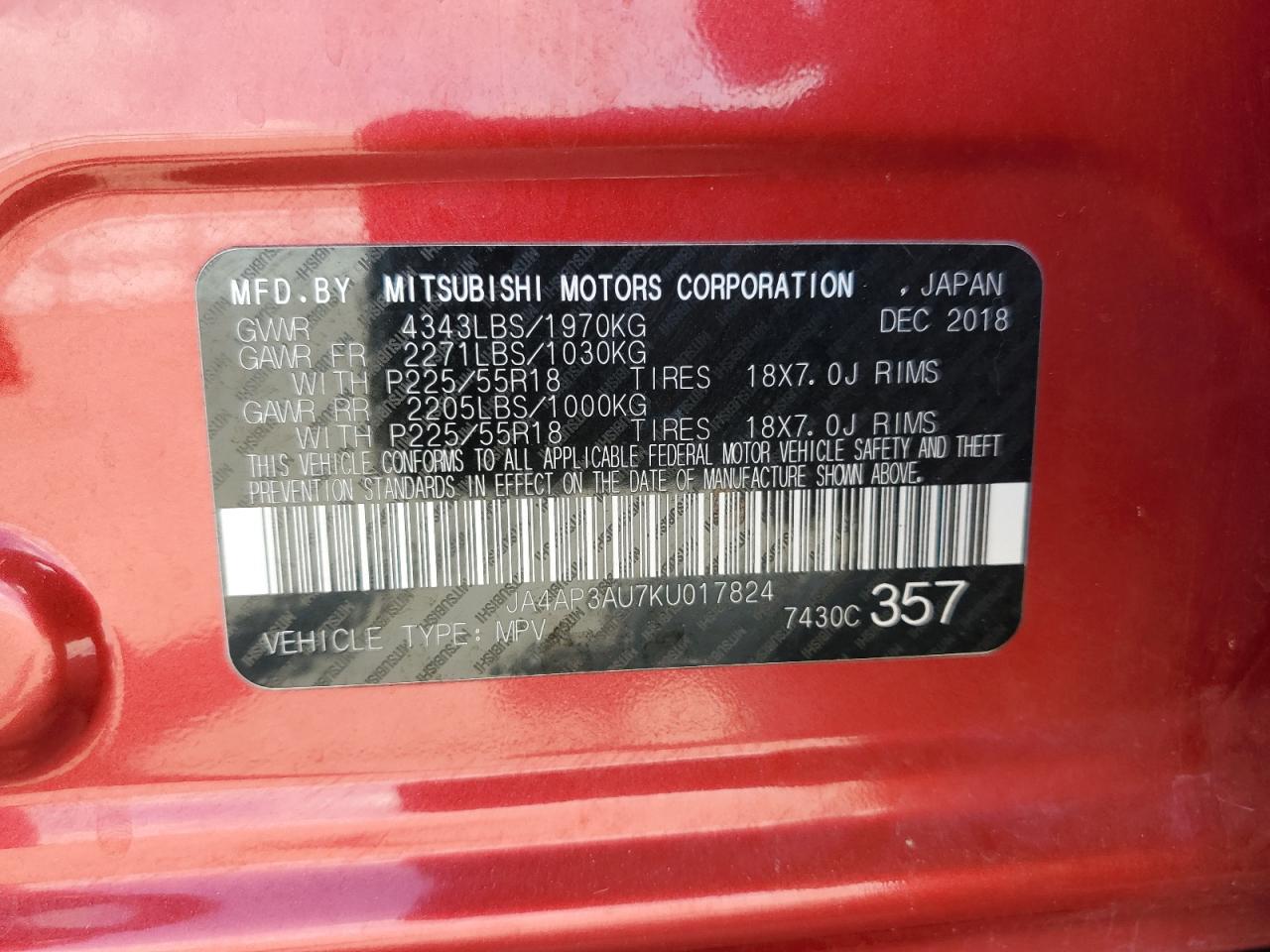 2019 Mitsubishi Outlander Sport Es VIN: JA4AP3AU7KU017824 Lot: 81525755