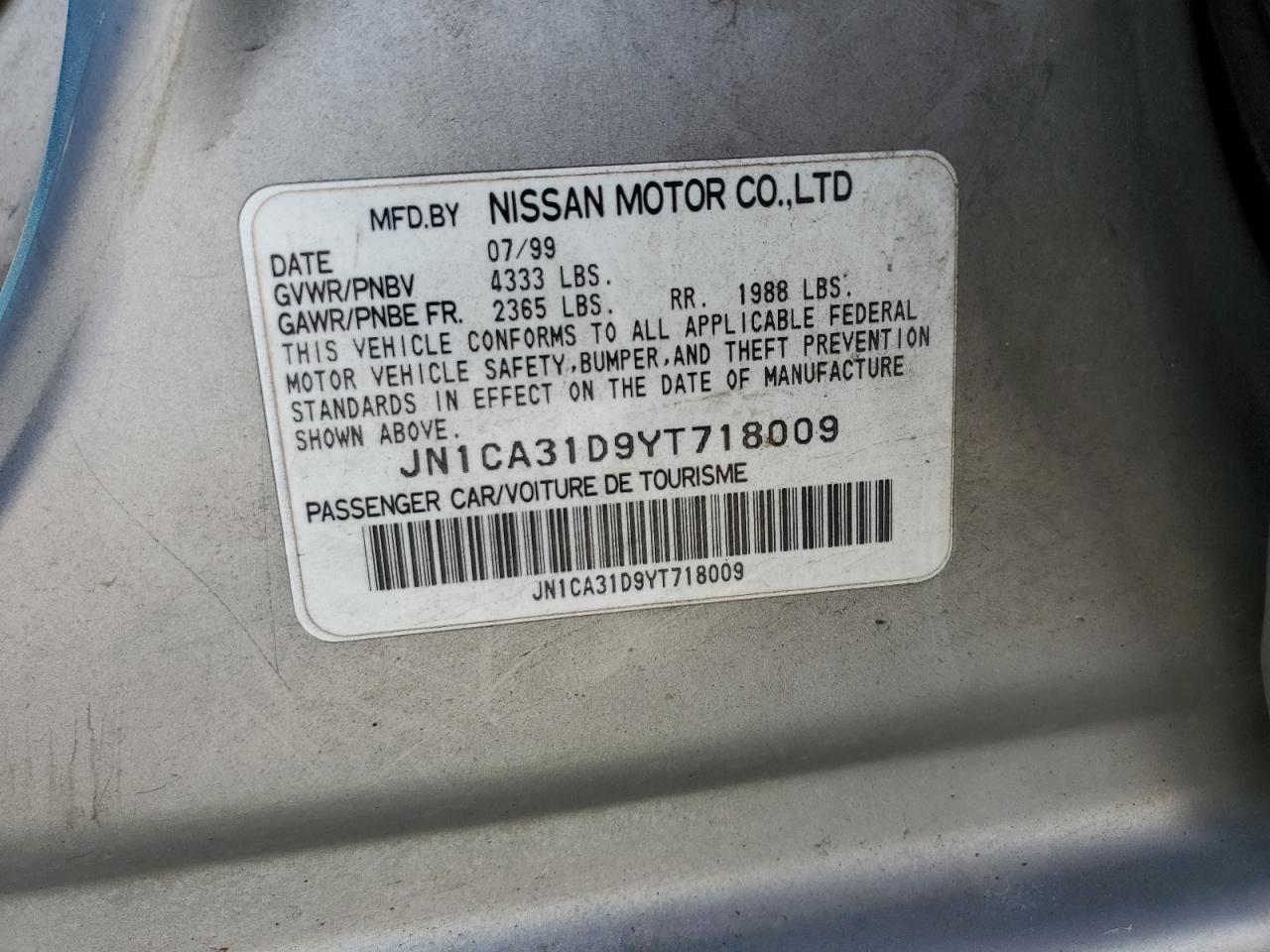 2000 Nissan Maxima Gle VIN: JN1CA31D9YT718009 Lot: 80923805
