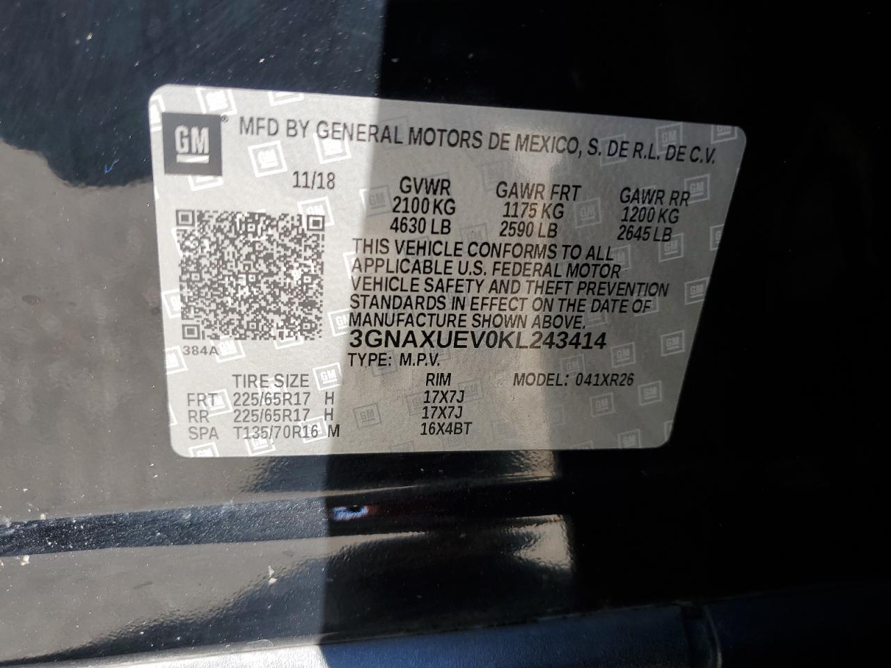 2019 Chevrolet Equinox Lt VIN: 3GNAXUEV0KL243414 Lot: 70048305