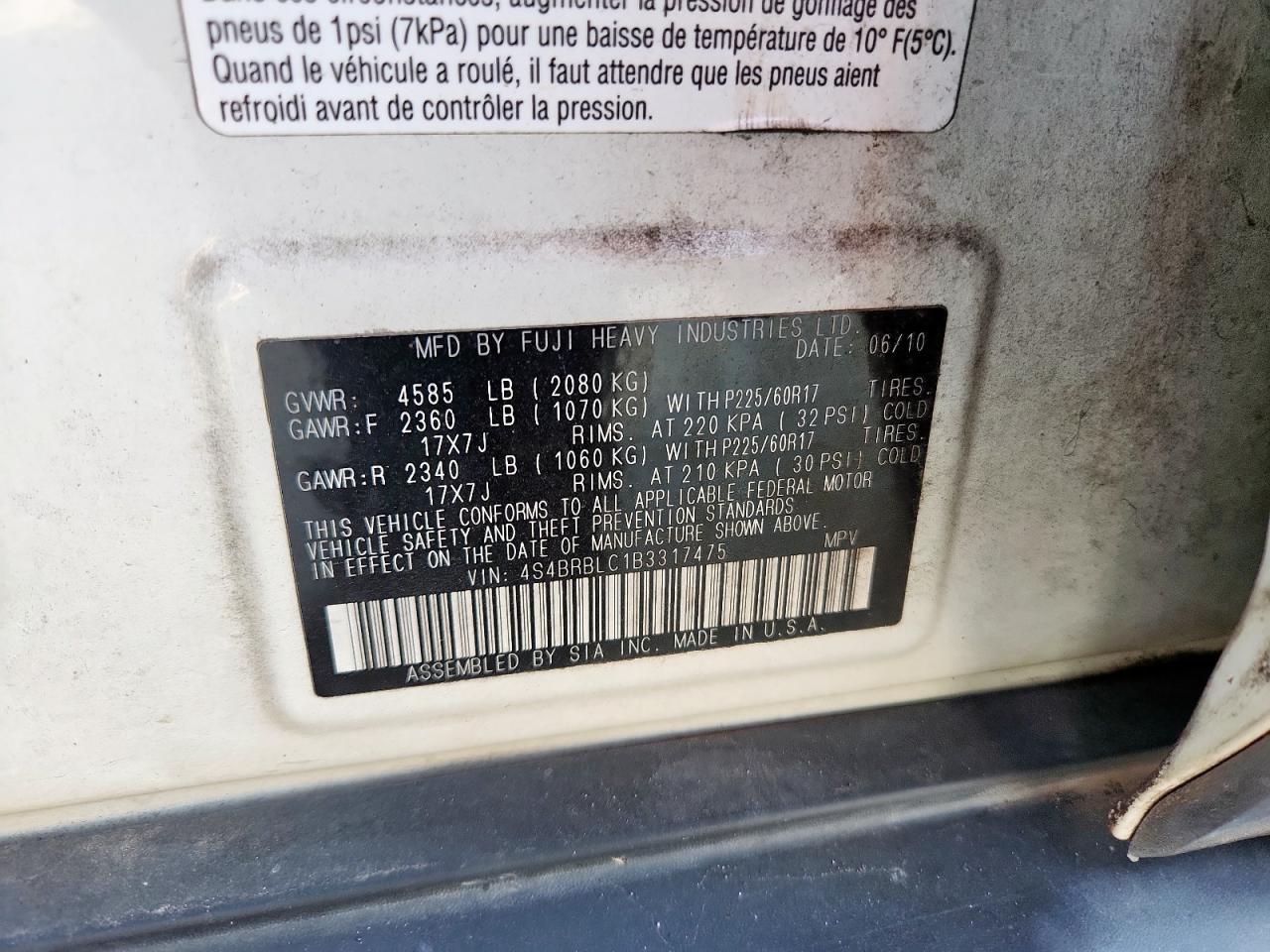 2011 Subaru Outback 2.5I Limited VIN: 4S4BRBLC1B3317475 Lot: 81555385