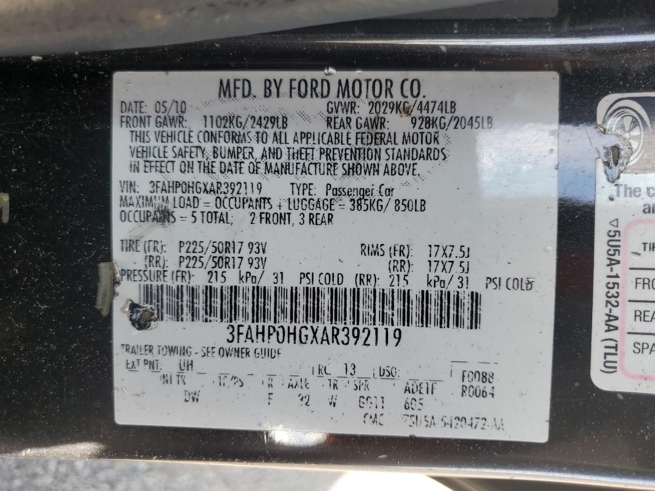 2010 Ford Fusion Se VIN: 3FAHP0HGXAR392119 Lot: 80216925