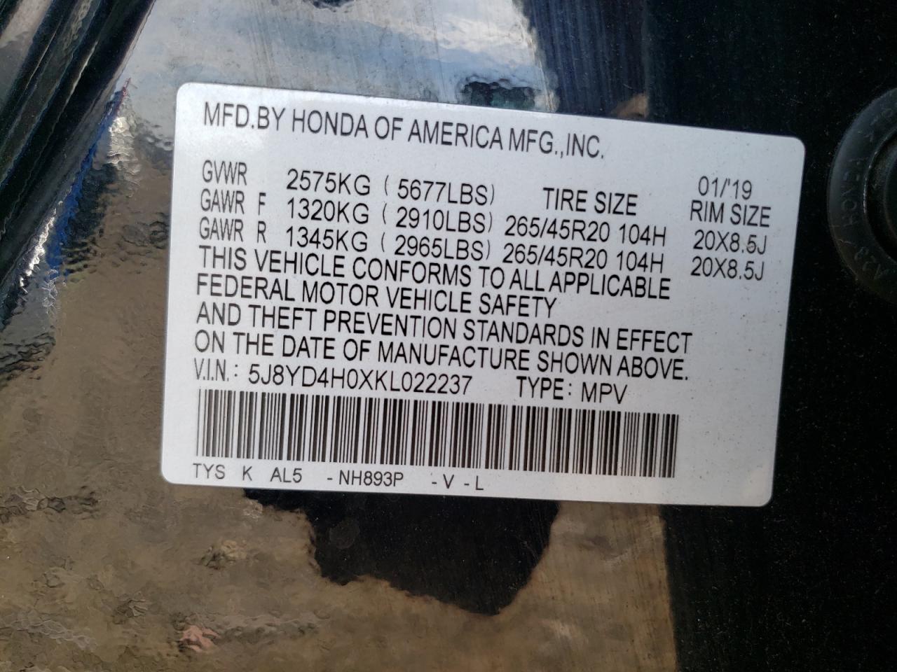 2019 Acura Mdx A-Spec VIN: 5J8YD4H0XKL022237 Lot: 72089485