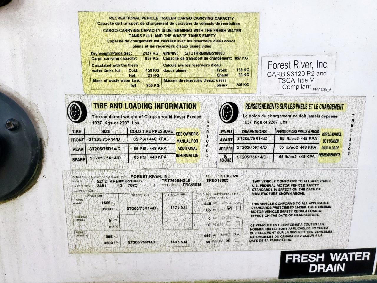 2021 Tracker Travel Tra VIN: 5ZT2TRRB8MB518603 Lot: 83830115