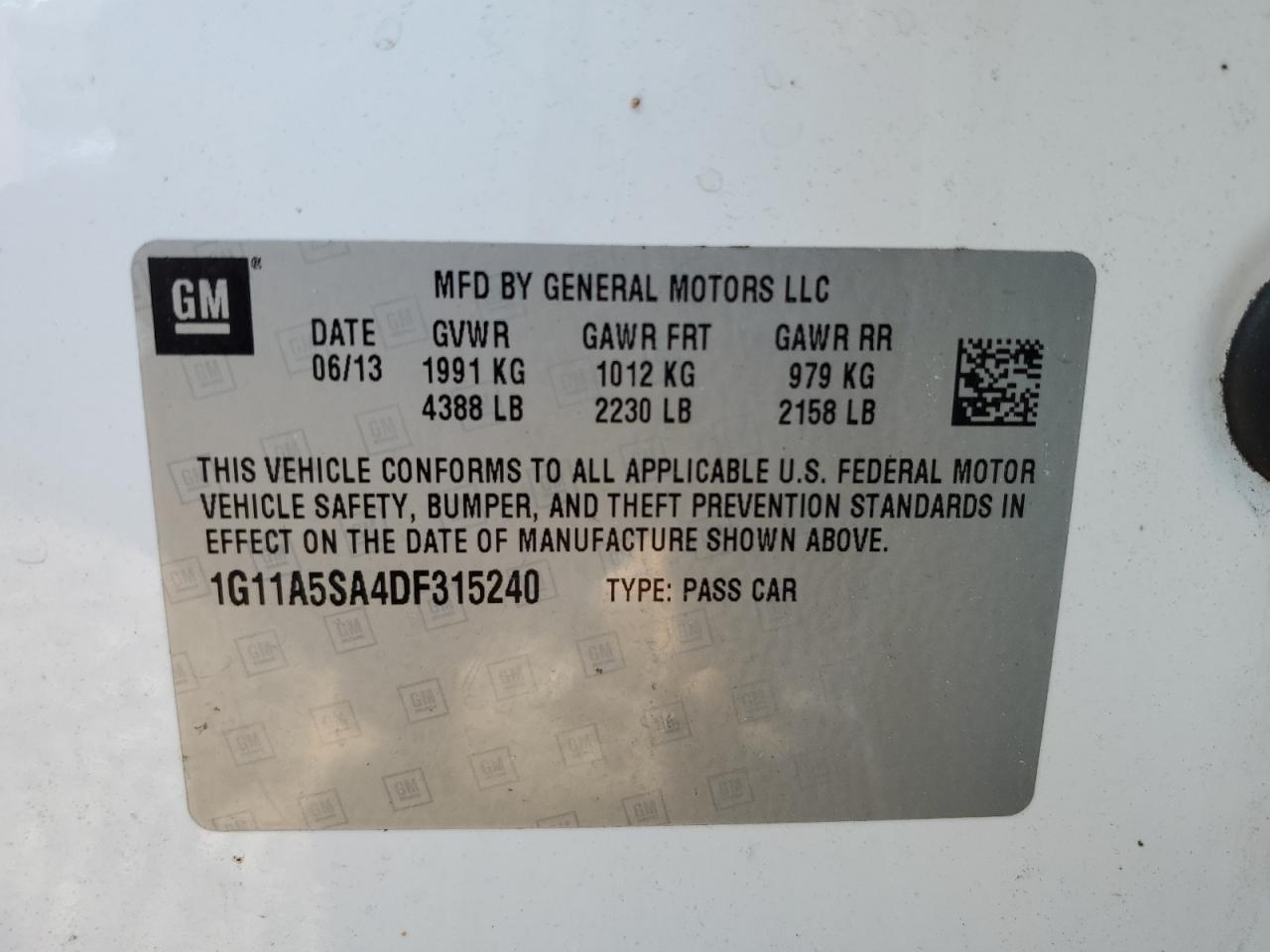 2013 Chevrolet Malibu Ls VIN: 1G11A5SA4DF315240 Lot: 84579325