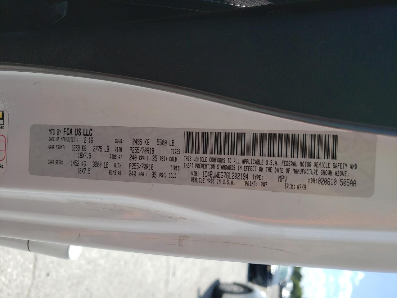 2016 Jeep Wrangler Unlimited Sahara VIN: 1C4BJWEG7GL202194 Lot: 70123015