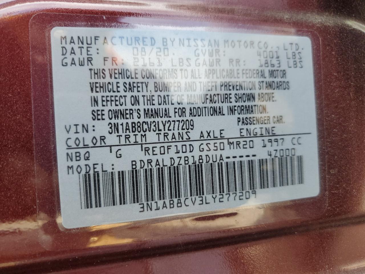 2020 Nissan Sentra Sv VIN: 3N1AB8CV3LY277209 Lot: 80527345