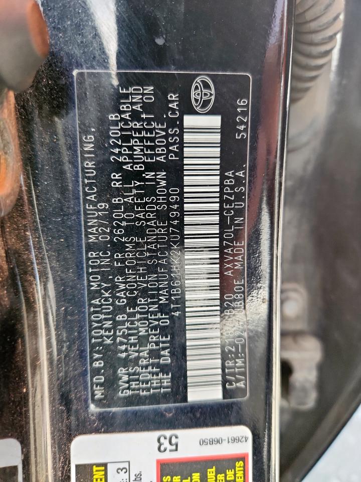 2019 Toyota Camry Xse VIN: 4T1B61HK2KU749490 Lot: 80154895