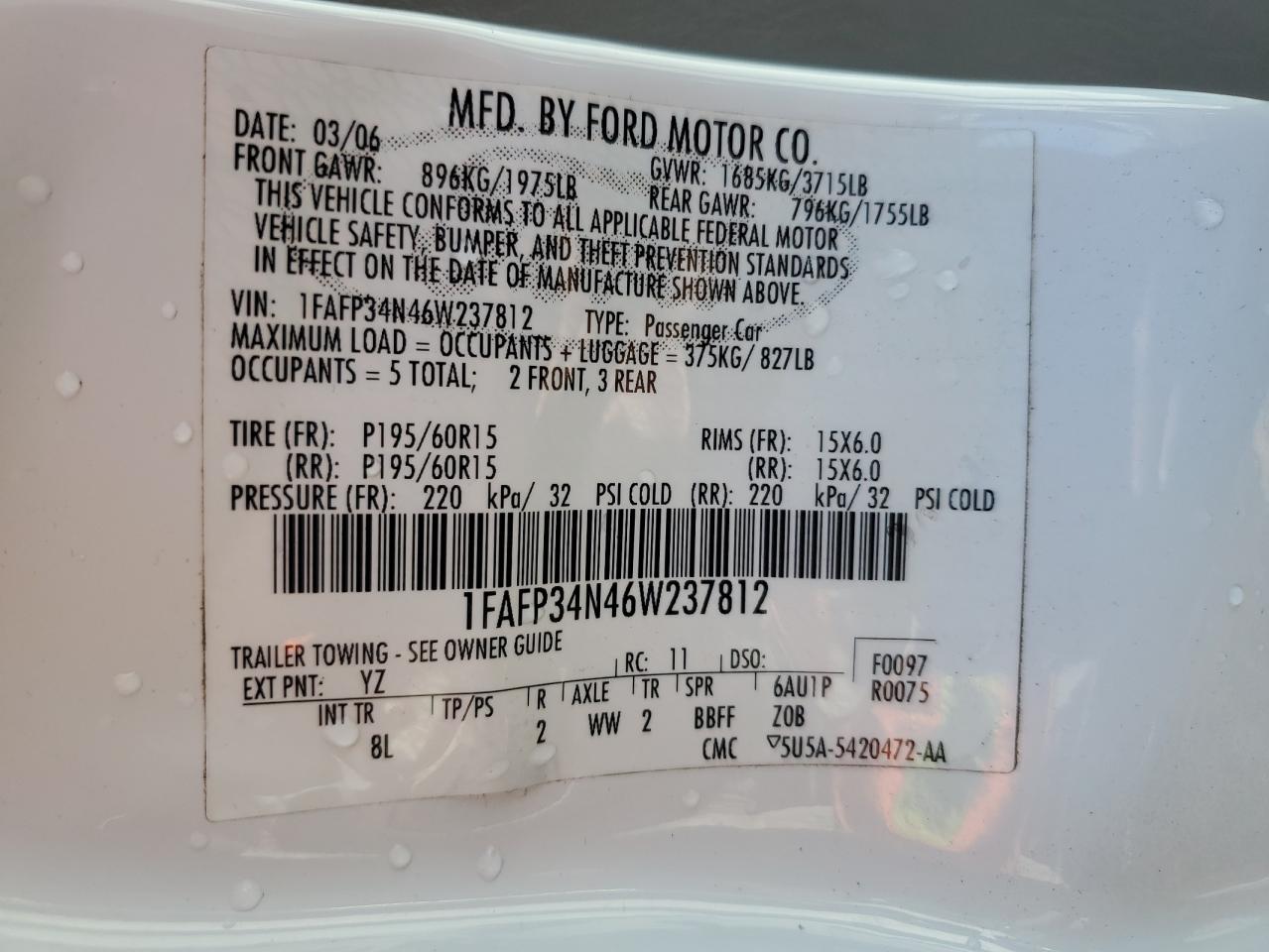 2006 Ford Focus Zx4 VIN: 1FAFP34N46W237812 Lot: 80016165