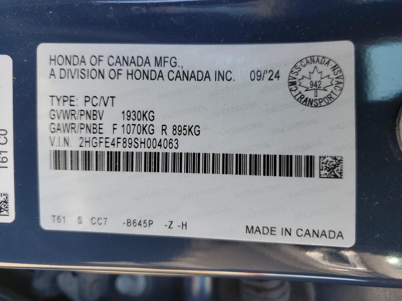 2025 Honda Civic Sport VIN: 2HGFE4F89SH004063 Lot: 81445615