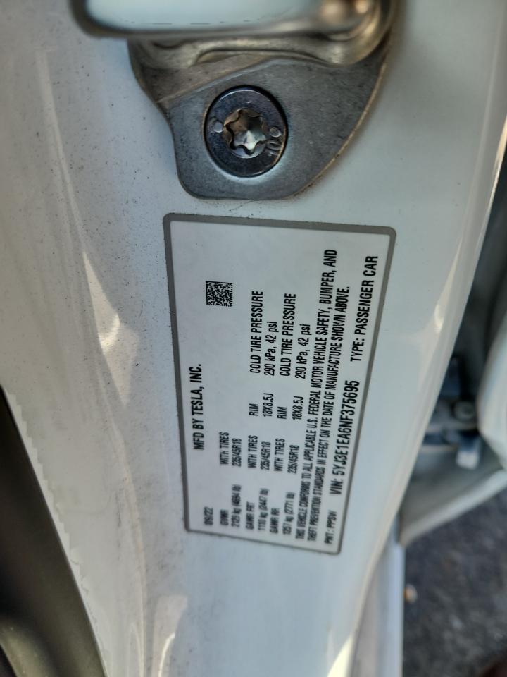 2022 Tesla Model 3 VIN: 5YJ3E1EA6NF375695 Lot: 80127385