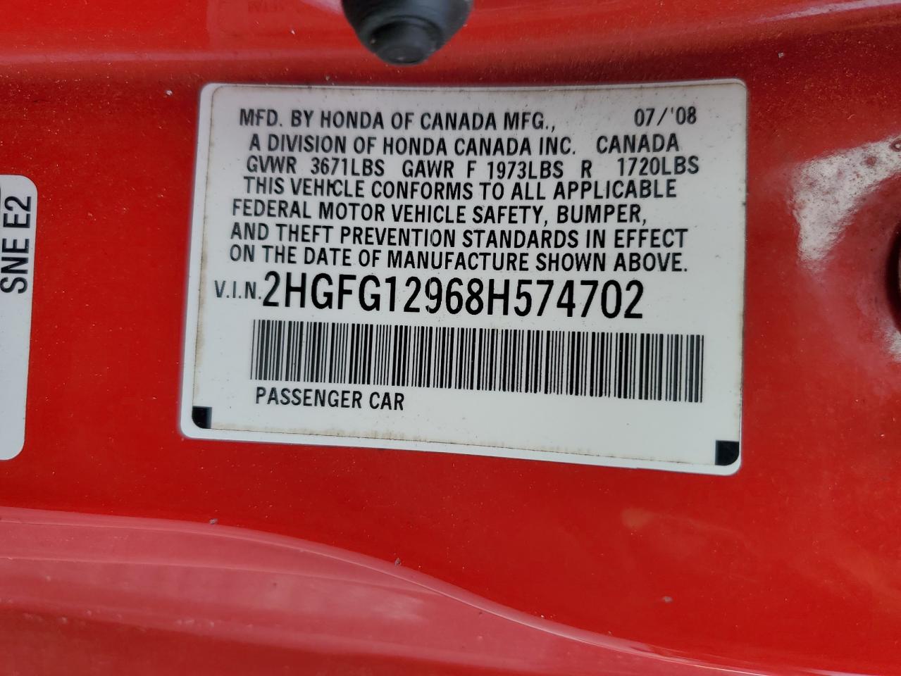 2008 Honda Civic Exl VIN: 2HGFG12968H574702 Lot: 84786055