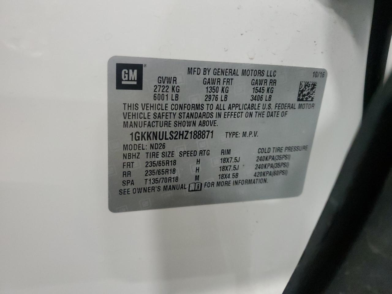 2017 GMC Acadia Slt-1 VIN: 1GKKNULS2HZ188871 Lot: 71806545