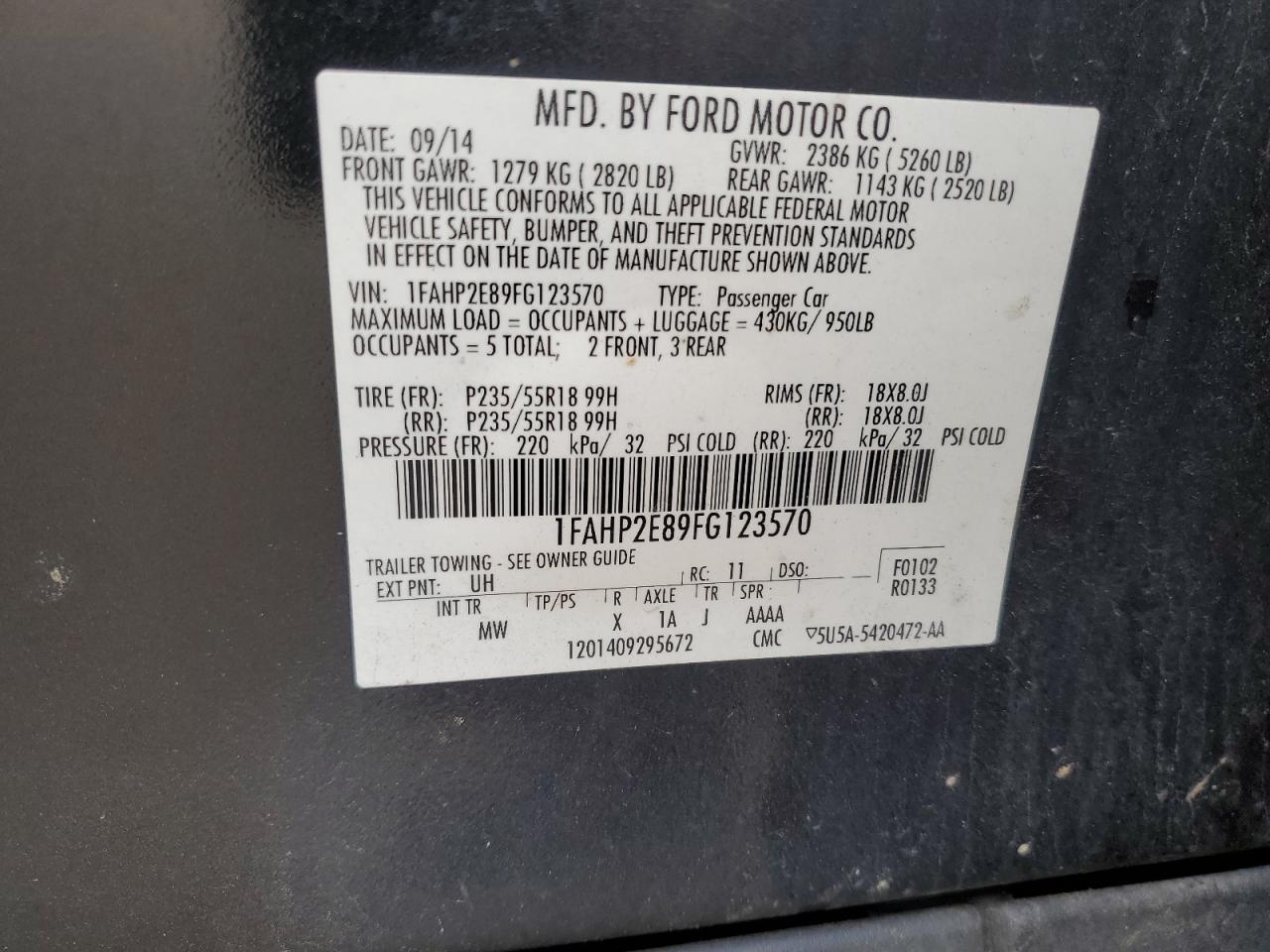 2015 Ford Taurus Sel VIN: 1FAHP2E89FG123570 Lot: 84166245