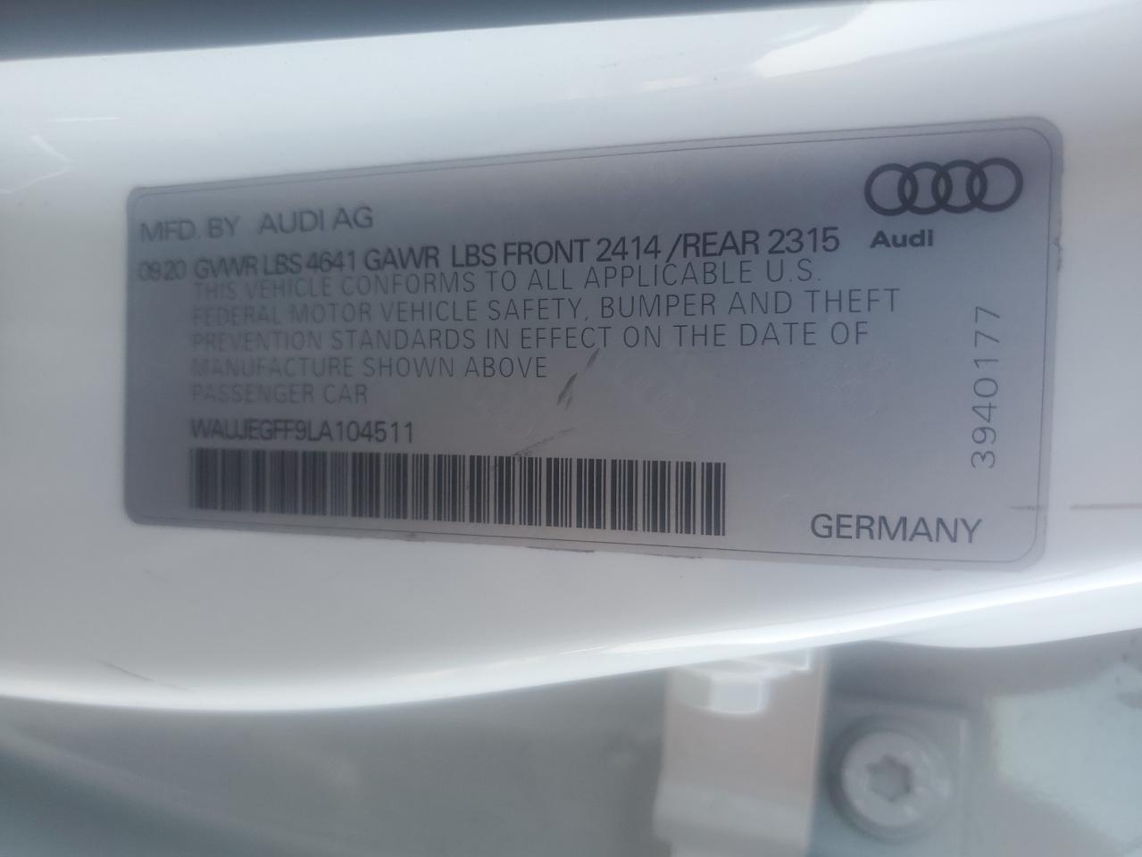 2020 Audi A3 S-Line Premium Plus VIN: WAUJEGFF9LA104511 Lot: 81317185