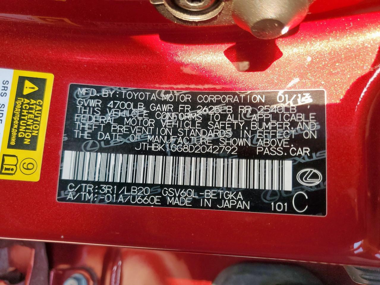 2013 Lexus Es 350 VIN: JTHBK1GG8D2042792 Lot: 80351535