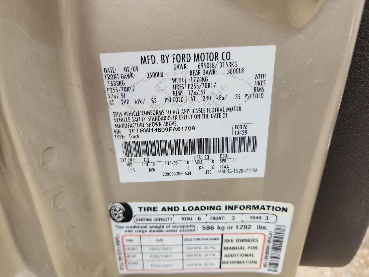 2009 Ford F150 Supercrew VIN: 1FTRW14809FA61709 Lot: 81482525