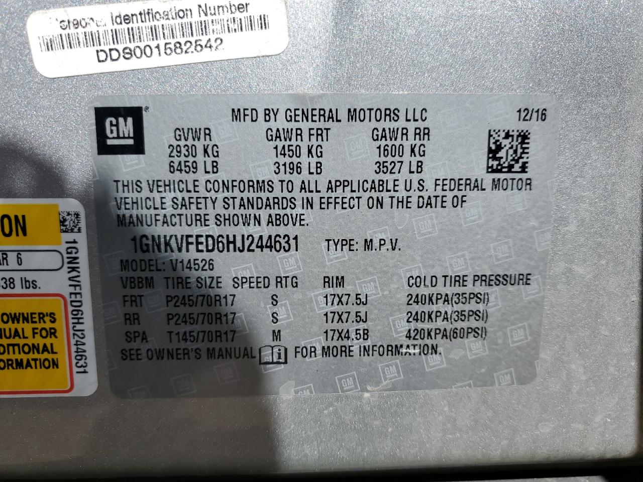 2017 Chevrolet Traverse Ls VIN: 1GNKVFED6HJ244631 Lot: 81335115