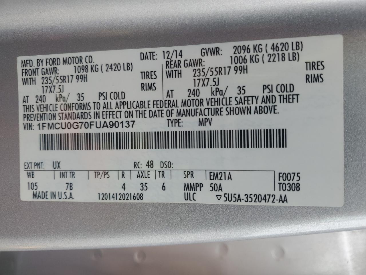 2015 Ford Escape Se VIN: 1FMCU0G70FUA90137 Lot: 84443775