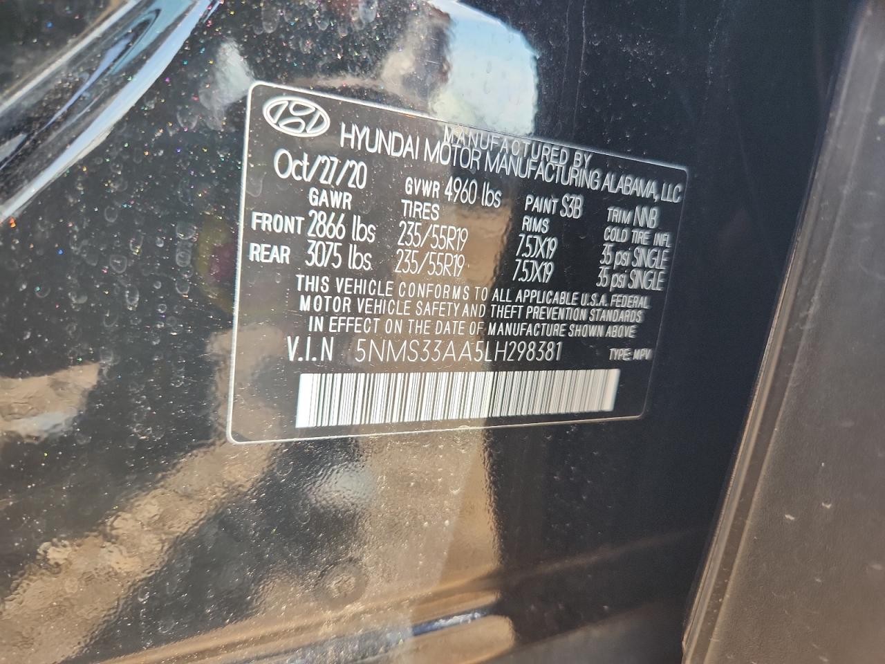 2020 Hyundai Santa Fe Sel VIN: 5NMS33AA5LH298381 Lot: 83947625