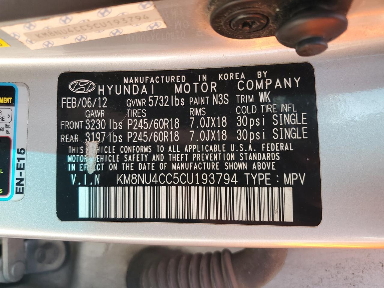 2012 Hyundai Veracruz Gls VIN: KM8NU4CC5CU193794 Lot: 72006485