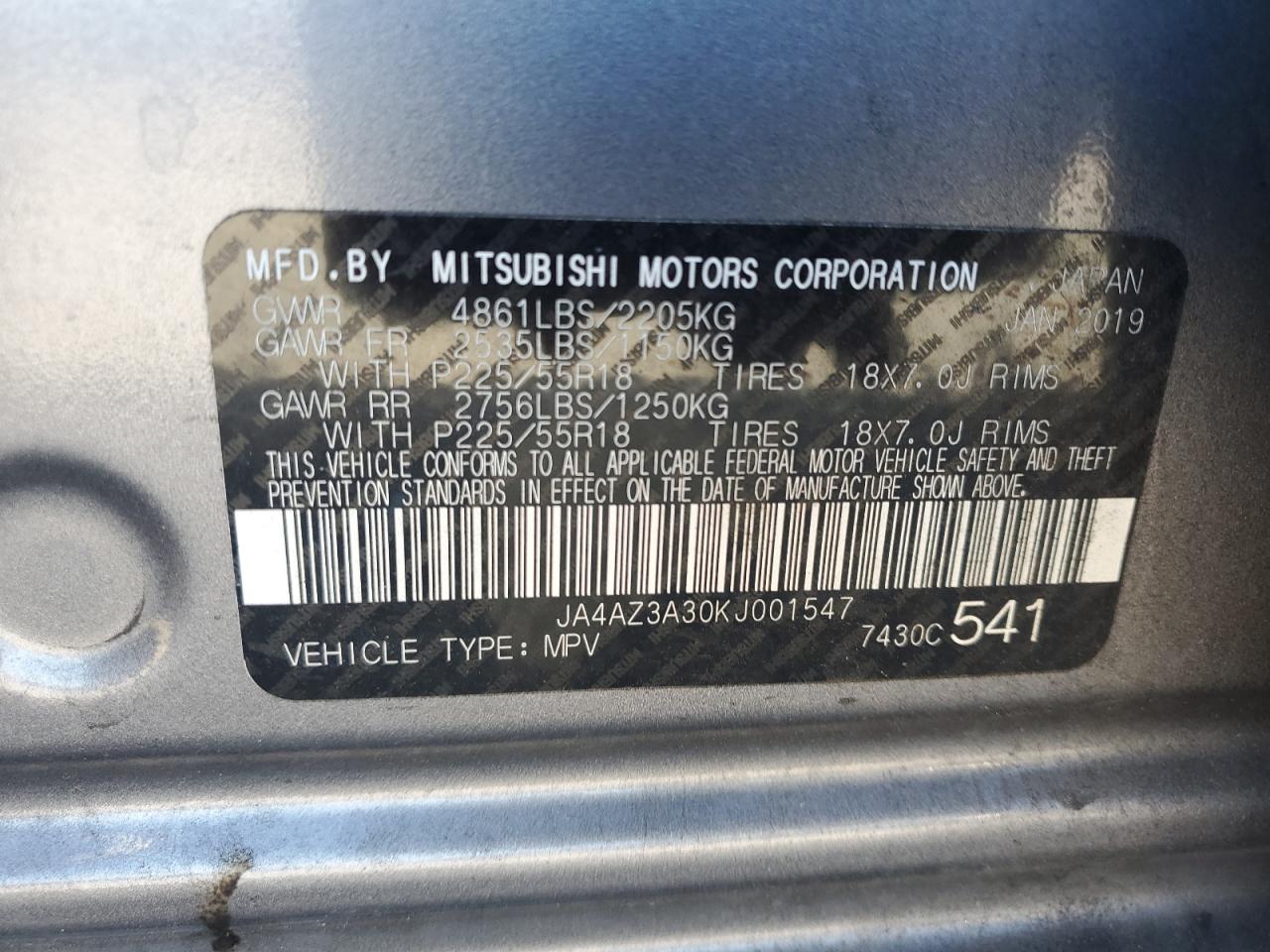 2019 Mitsubishi Outlander Se VIN: JA4AZ3A30KJ001547 Lot: 81762755