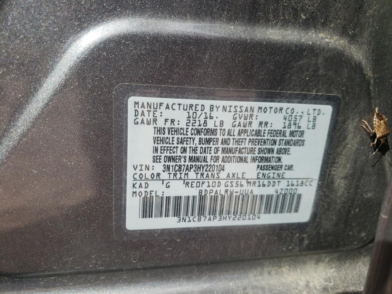 2017 Nissan Sentra Sr Turbo VIN: 3N1CB7AP3HY220104 Lot: 81701895