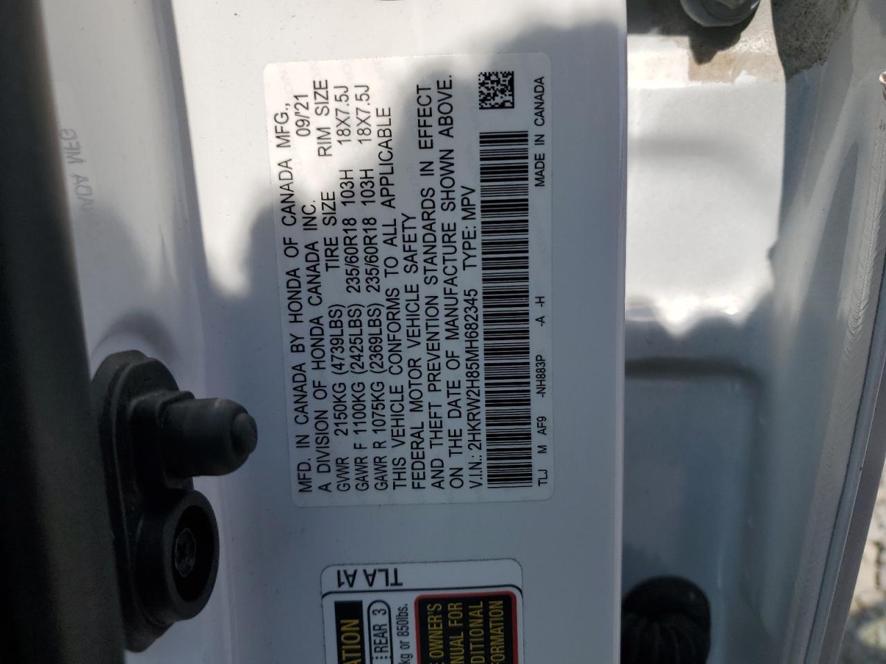 2021 Honda Cr-V Exl VIN: 2HKRW2H85MH682345 Lot: 72051005